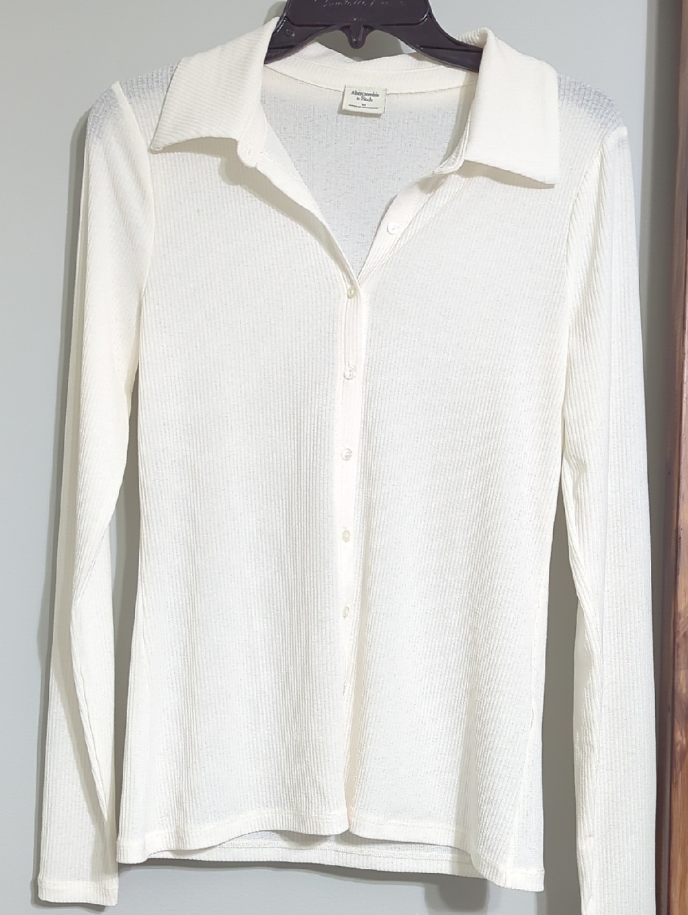 Abercrombie & Fitch Cream Ribbed Button-Down Polo Top
